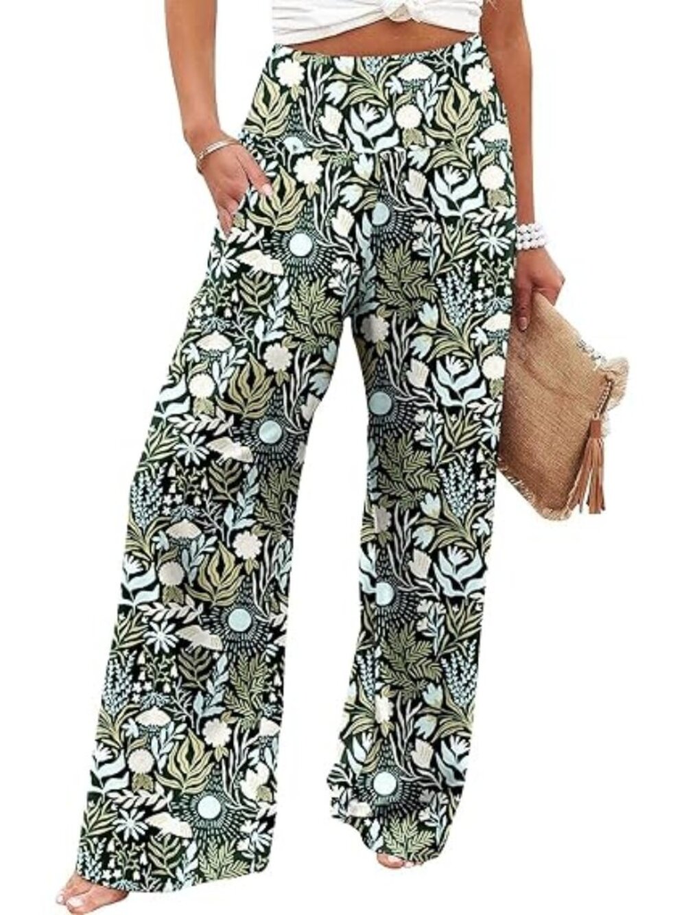 "Green/Black Floral" NEW Stretchy Wide Leg Lounge Palazzo Pants w/Pockets 3XL